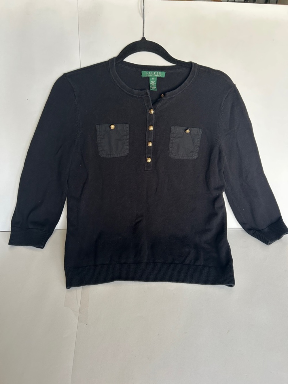 Lauren Ralph Lauren Black Long-Sleeve Henley Sweater with Gold Buttons
